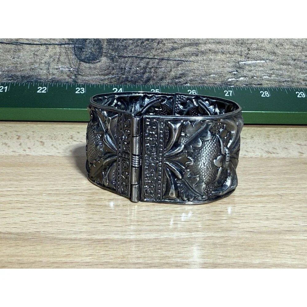 Unique Vintage Silvertone Art Nouveau Bracelet Repousse  Renaissance Rustic